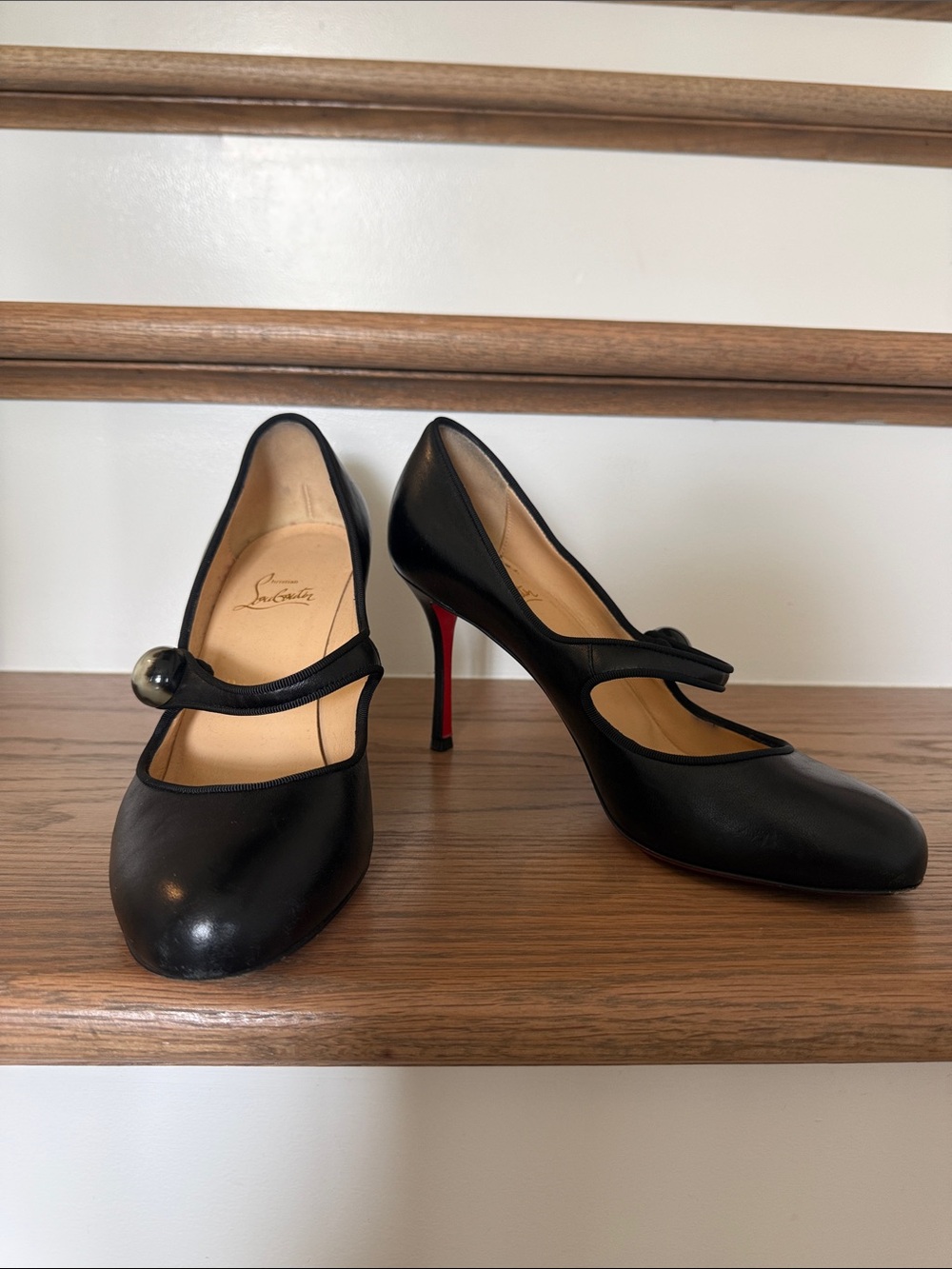 Christian Louboutin Black Leather Mary Jane Heels with Red Sole Accent